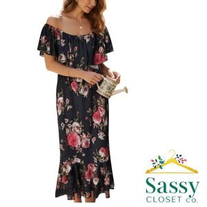 LuLaRoe Floral Maxi Dress Ruffle Sleeve Navy Pink Women’s 2X EUC